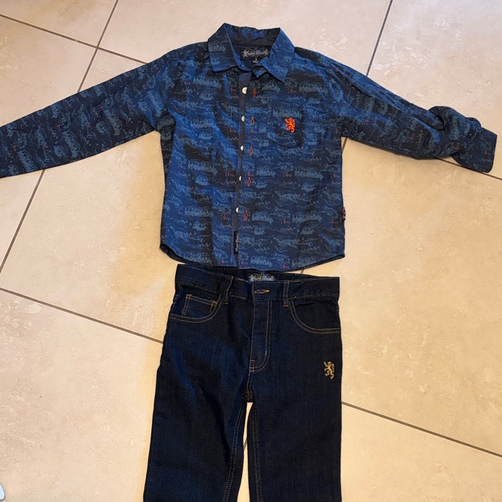 English Laundry Navy Blue Button-Up Shirt and Dark Blue Jeans Kids Matching Set